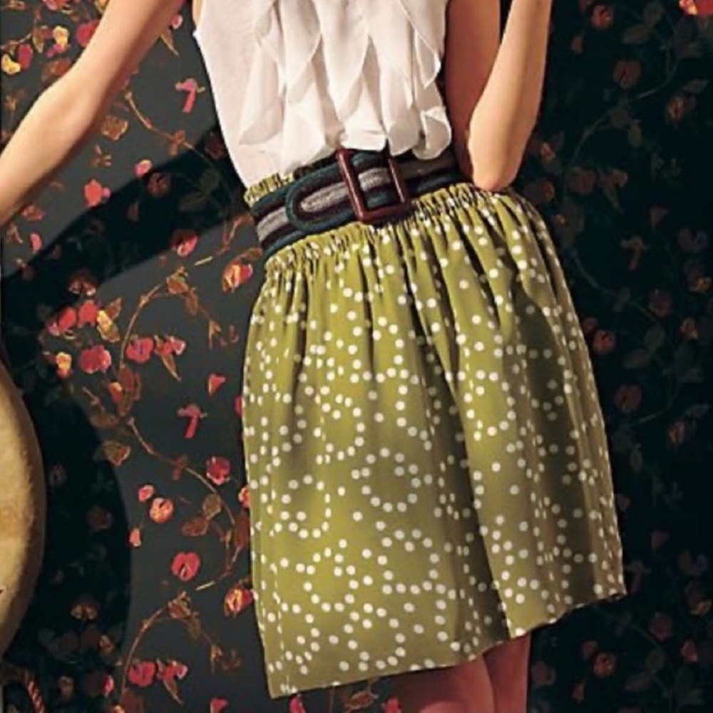 Anthro Corey Lynn Carter Skirt 100% Silk Paperbag Waist Pockets Lime Polka Dots